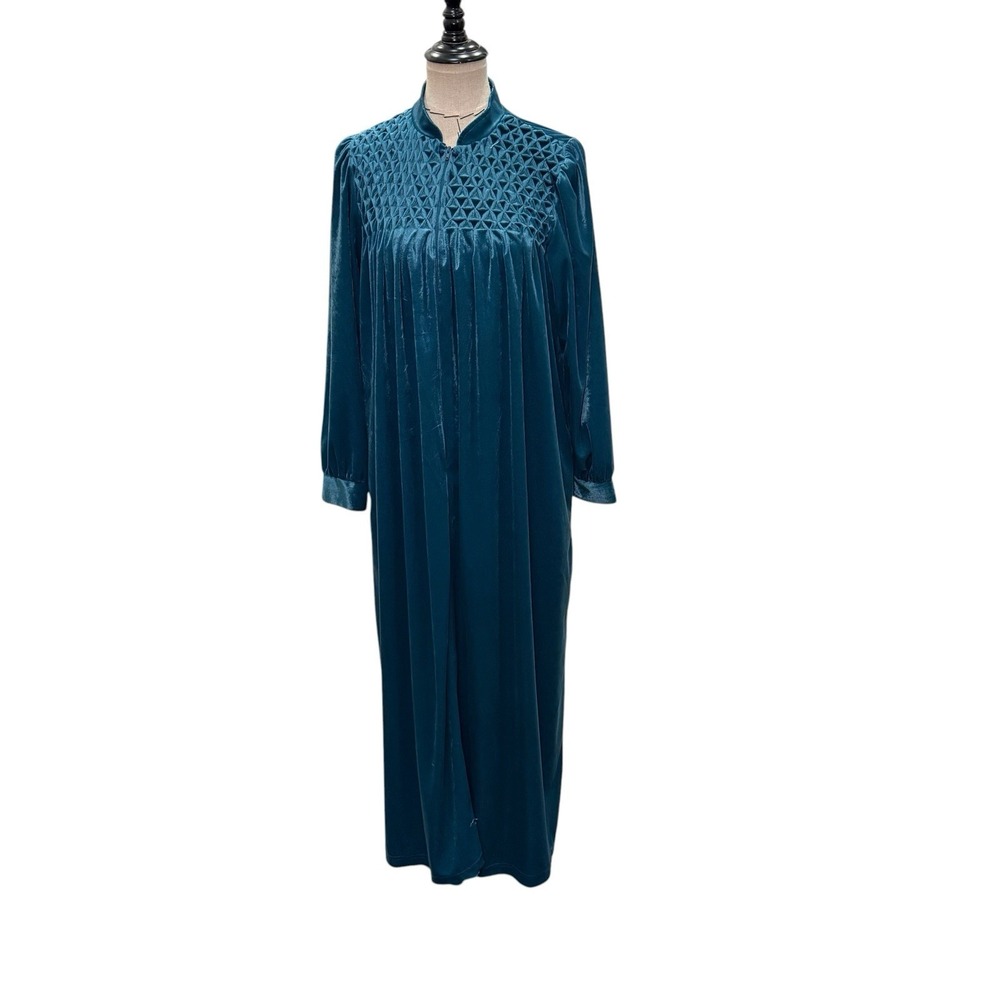 Vintage National Womens Teal Smocked Velour Zip Front Victorian Robe Sz M